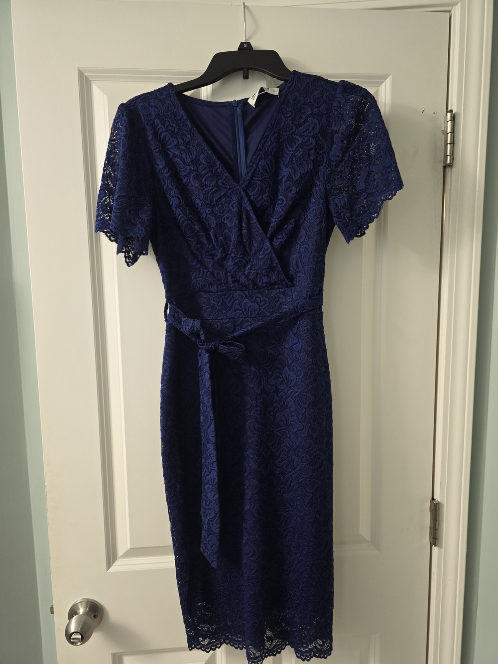 Grace Karin Navy Blue Lace Wrap-Style Midi Dress with Tie
